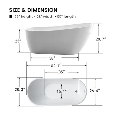 Vanity Art Freestanding White Acrylic Bathtub Modern Stand Alone Soaking Tub with Polished Chrome UPC Certified Slotted Overflow and Pop-up Drain (55" x 28") VA6522-S