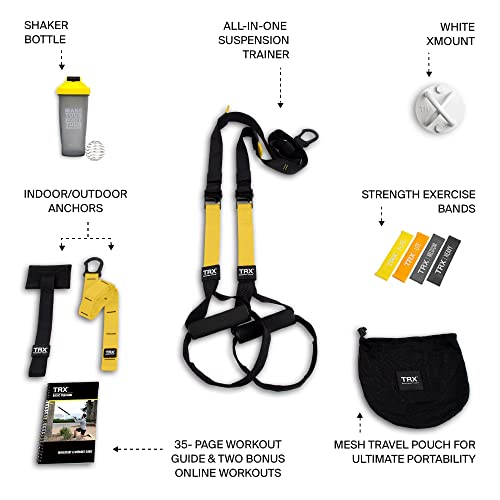 TRX All-in-One Suspension Trainer Bundle - Seasoned Gym Enthusiast, Includes Training Club Access, XMount Wall Anchor, 4 Exercise Bands & Shaker Bottle