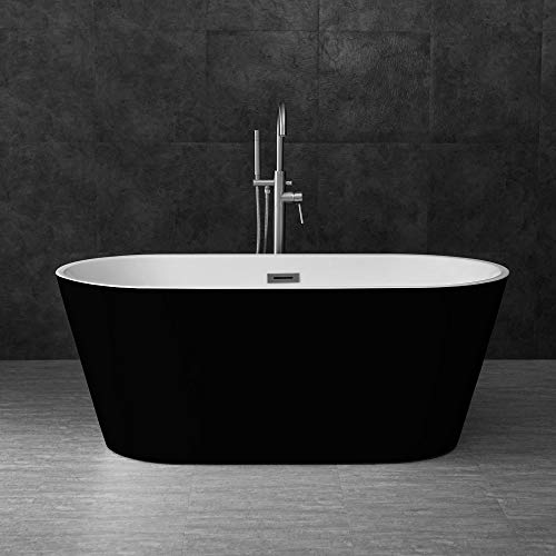 WOODBRIDGE B-1814 59" Acrylic Freestanding Bathtub Contemporary Soaking Tub with Brushed Nickel Overflow and Drain BTA1814-B,Black