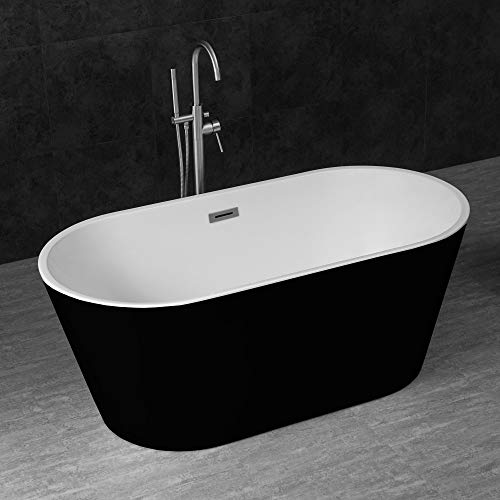 WOODBRIDGE B-1814 59" Acrylic Freestanding Bathtub Contemporary Soaking Tub with Brushed Nickel Overflow and Drain BTA1814-B,Black