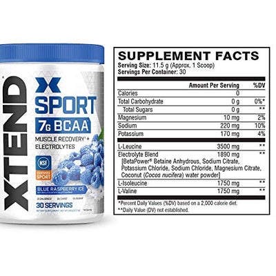 XTEND Sport BCAA Powder Blue Raspberry Ice - Electrolyte Powder for Recovery & Hydration with Amino Acids - 30 Servings