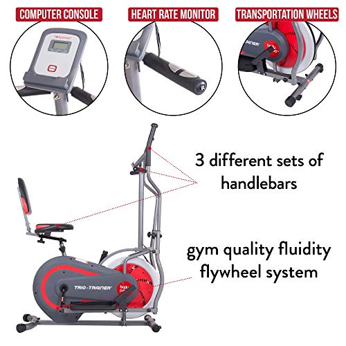 Body Power 3-in-1 Home Gym, Upright Compact Exercise Bike, Elliptical Machine & Recumbent Bike, Trio Trainer with Heartrate Monitor, Silver, BRT5088 gray, silver, red